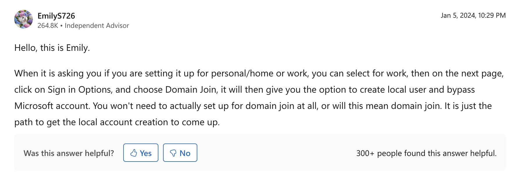Windows Business account comment